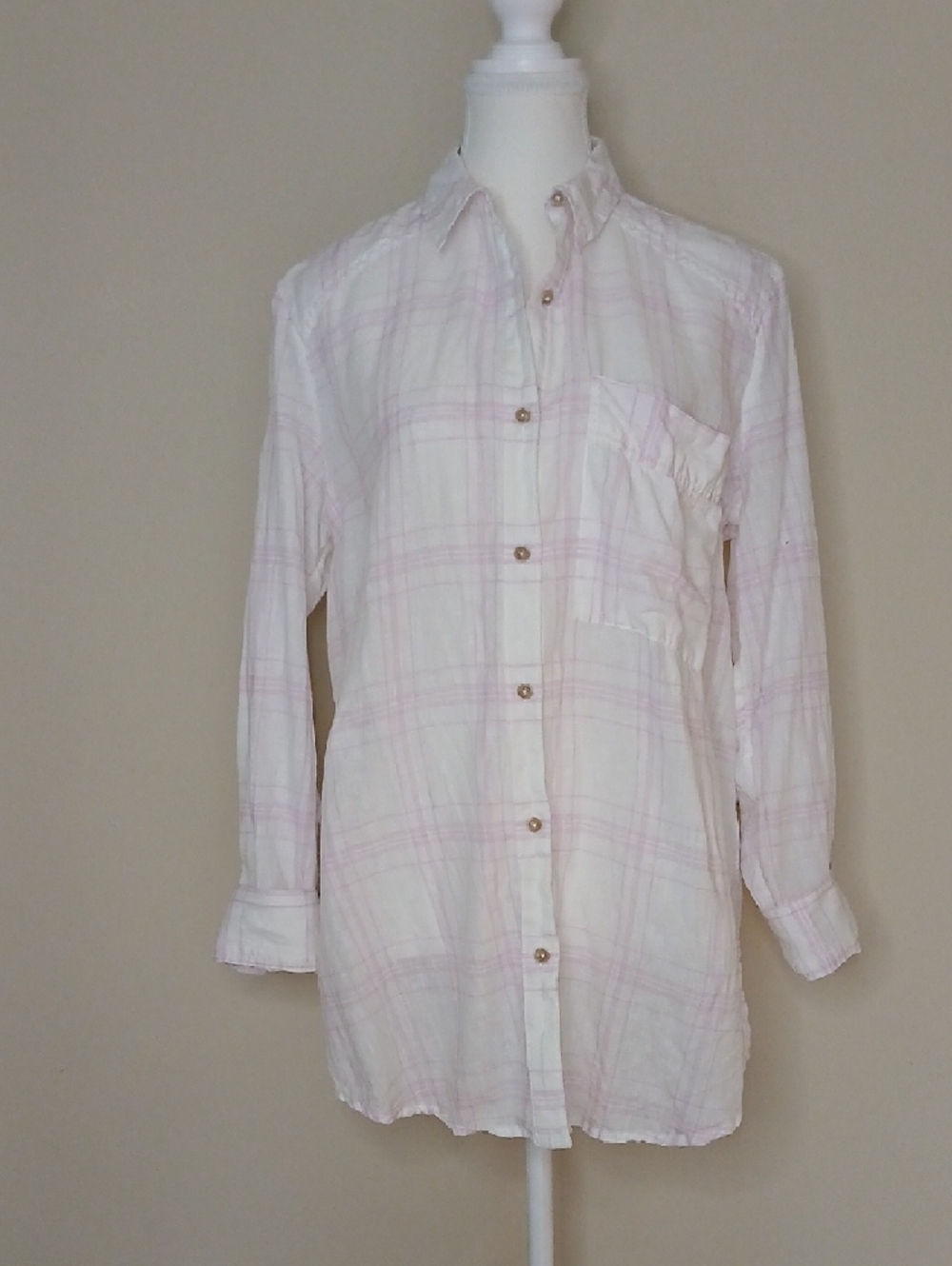 Free People No Limits 100% Linen Plaid Oversized Button Down Top Size Medium - Picture 2 of 10